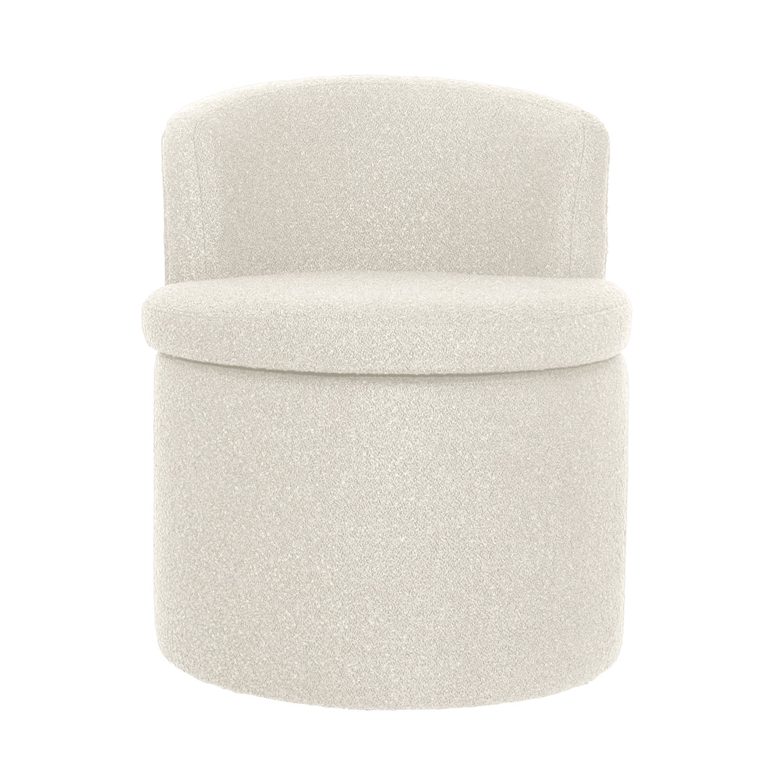 Sorra Boucle Swivel Storage Accent Chair in Cream White, featuring a rounded base, low curved backrest, plush boucle upholstery, and hidden storage beneath the removable seat for practical elegance.