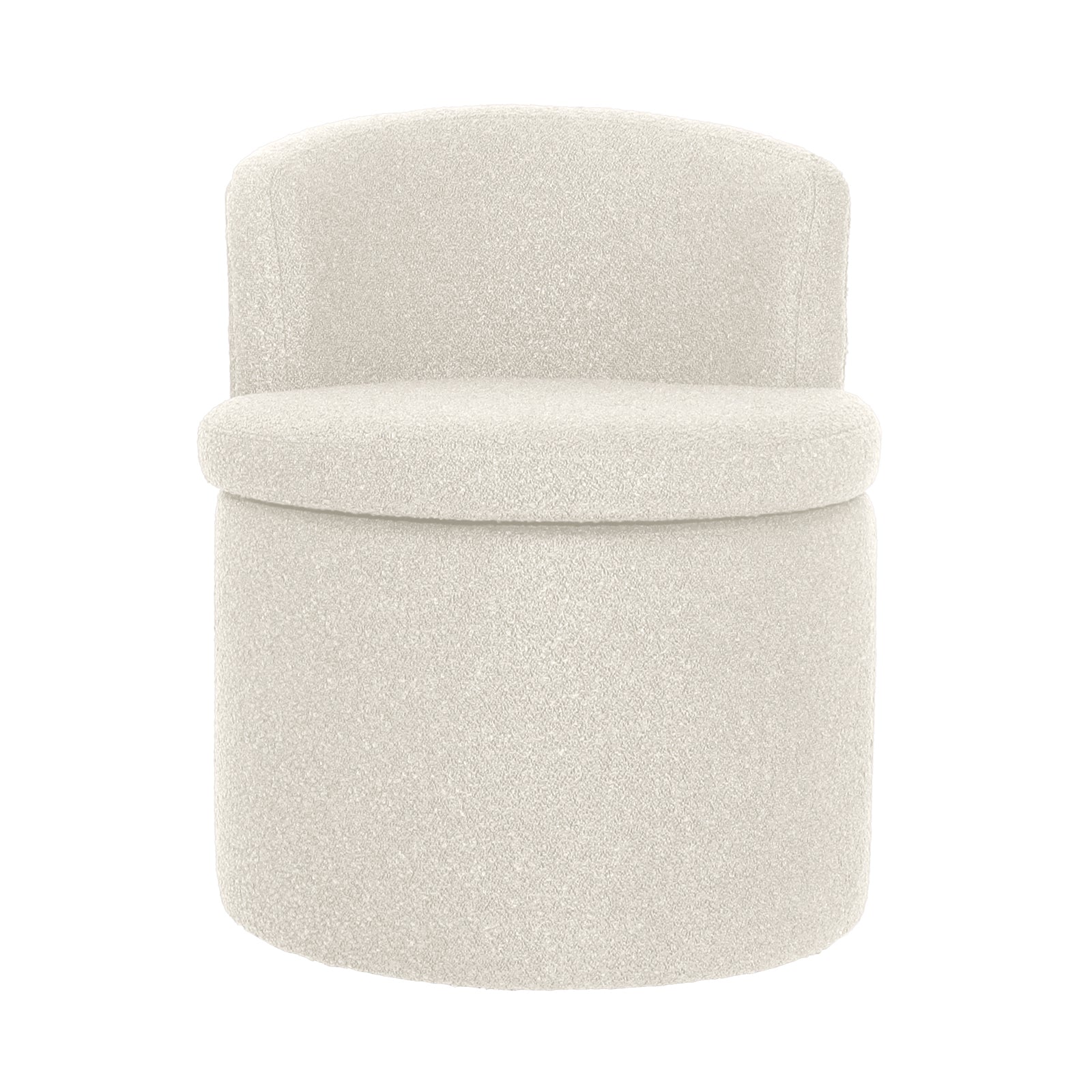 Sorra Boucle Swivel Storage Accent Chair in Cream White, featuring a rounded base, low curved backrest, plush boucle upholstery, and hidden storage beneath the removable seat for practical elegance.