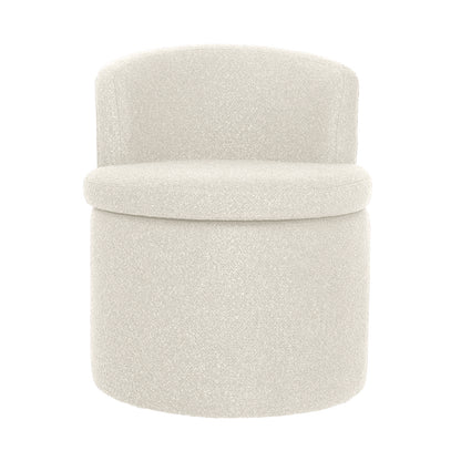 Sorra Boucle Swivel Storage Accent Chair in Cream White, featuring a rounded base, low curved backrest, plush boucle upholstery, and hidden storage beneath the removable seat for practical elegance.