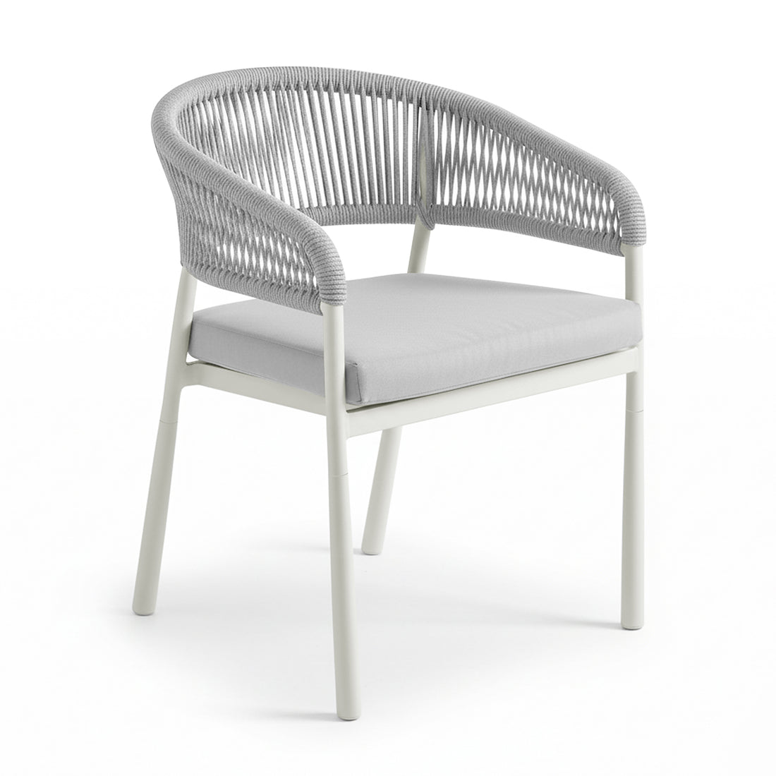 Coastal Outdoor Rope Dining Chairs Set of 2 in White feature a modern design with a light gray rope-woven backrest and armrests, thick seat cushions, and a sturdy powder-coated metal frame.