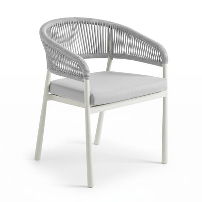 Coastal Outdoor Rope Dining Chairs Set of 2 in White feature a modern design with a light gray rope-woven backrest and armrests, thick seat cushions, and a sturdy powder-coated metal frame.