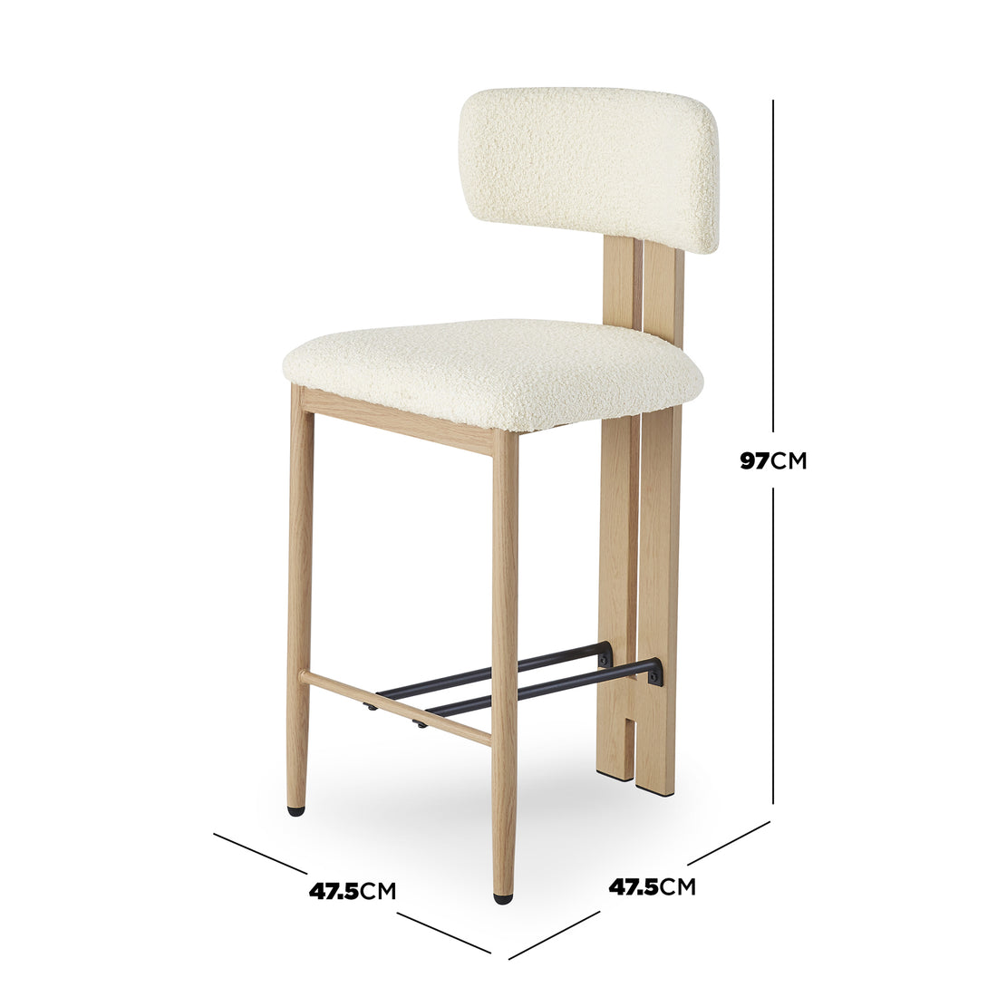 Haleo Curved Boucle Fabric Barstool Set of 2 in Cream White features softly rounded upholstered seats, low backrests, light oak legs, and a black metal footrest, measuring 97 cm in height.