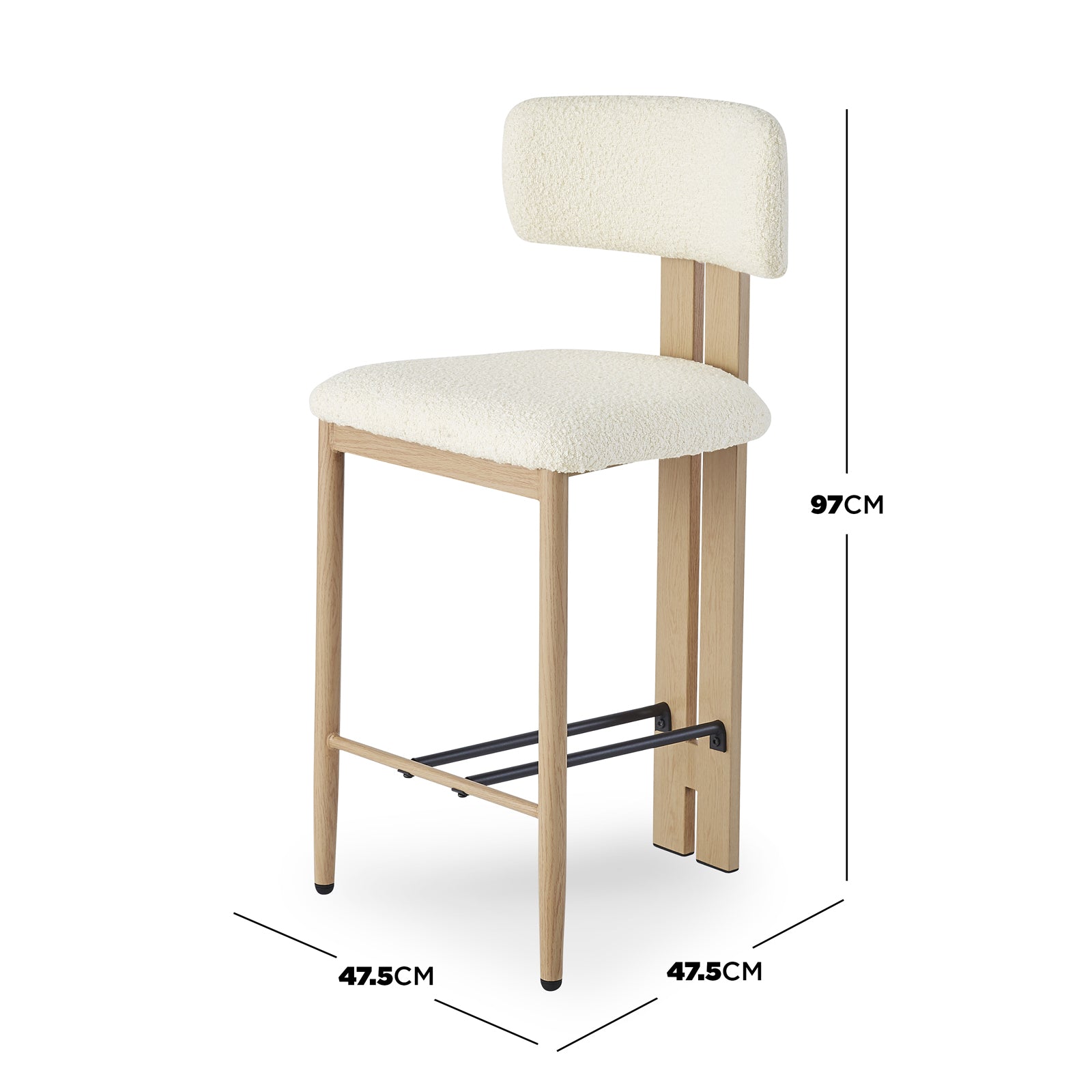 Haleo Curved Boucle Fabric Barstool Set of 2 in Cream White features softly rounded upholstered seats, low backrests, light oak legs, and a black metal footrest, measuring 97 cm in height.