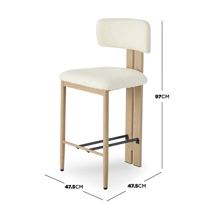 Haleo Curved Boucle Fabric Barstool Set of 2 in Cream White features softly rounded upholstered seats, low backrests, light oak legs, and a black metal footrest, measuring 97 cm in height.