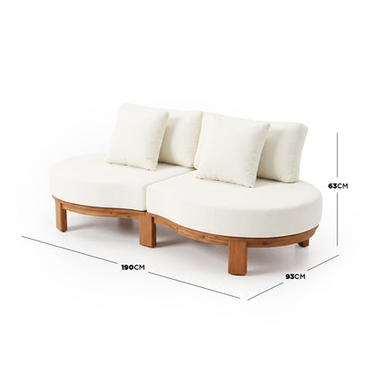 Contemporary two-seater sofa on white background with width, depth, and height measurements.