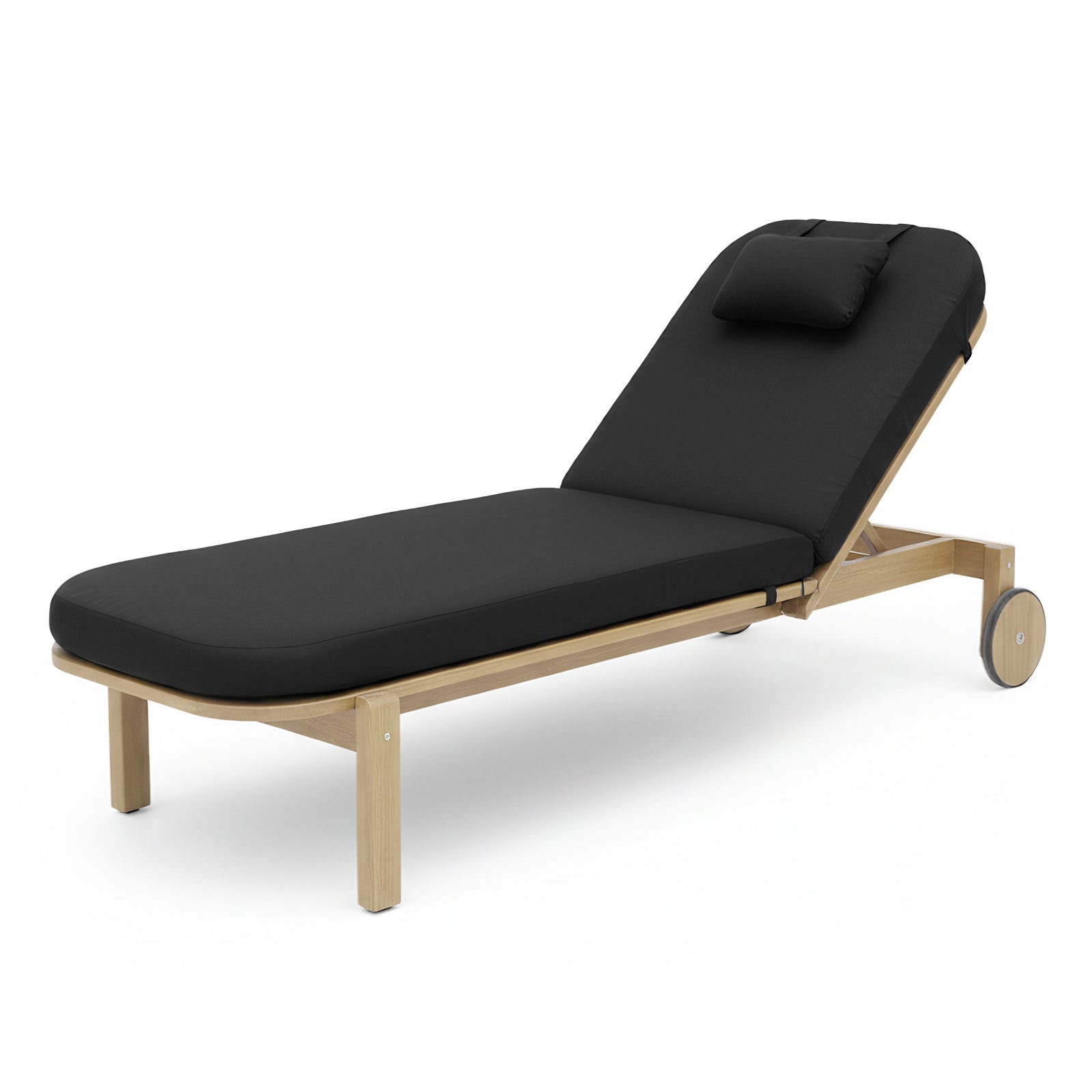 Zyra Hardwood Reclining Sun Lounger with Cushion in Black features a wooden frame, adjustable backrest, thick black cushion, matching head pillow, and rear wheels for easy mobility.