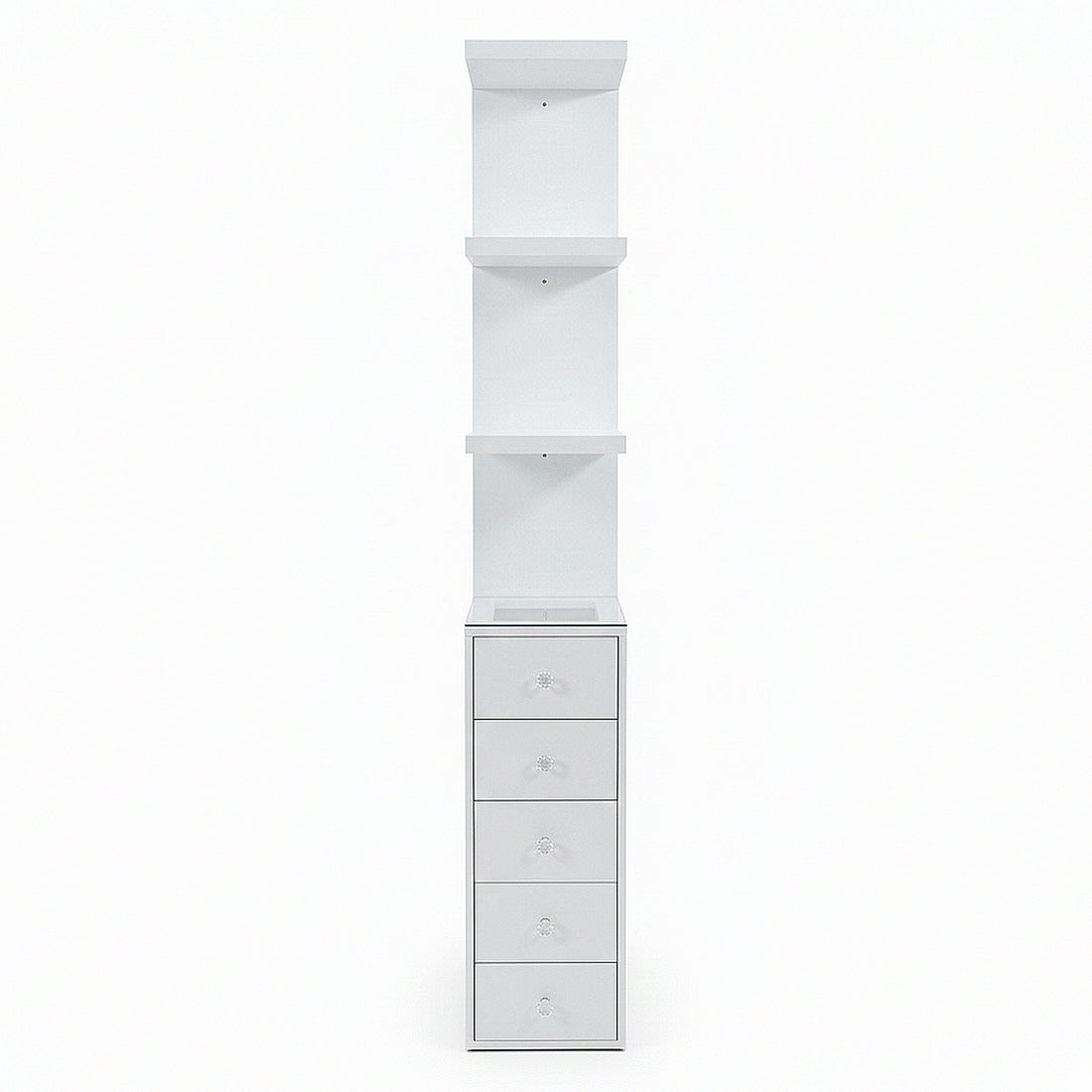 White storage unit with three shelves above five drawers on white background