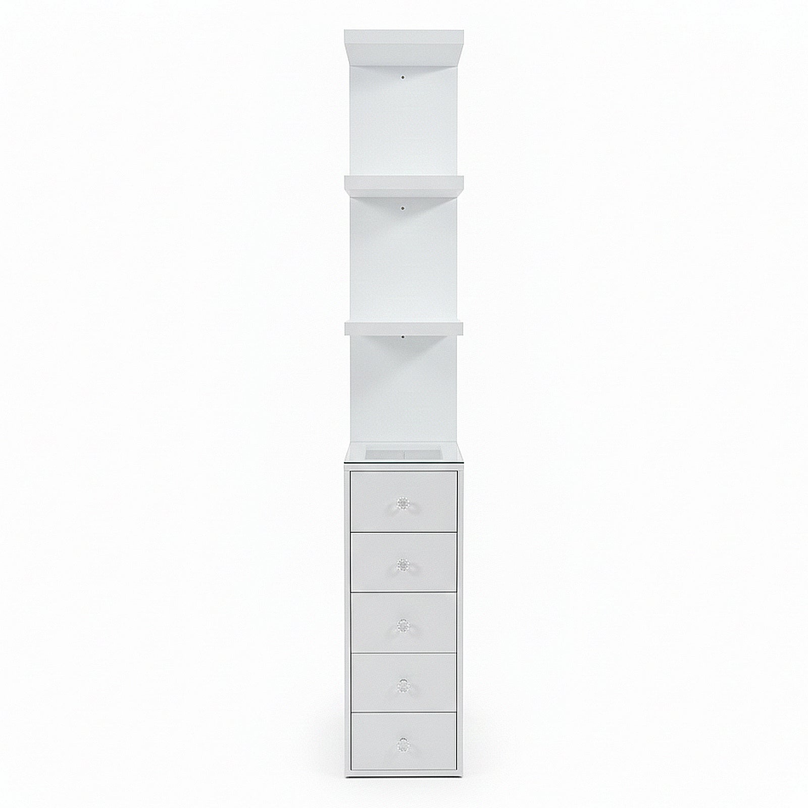 White storage unit with three shelves above five drawers on white background