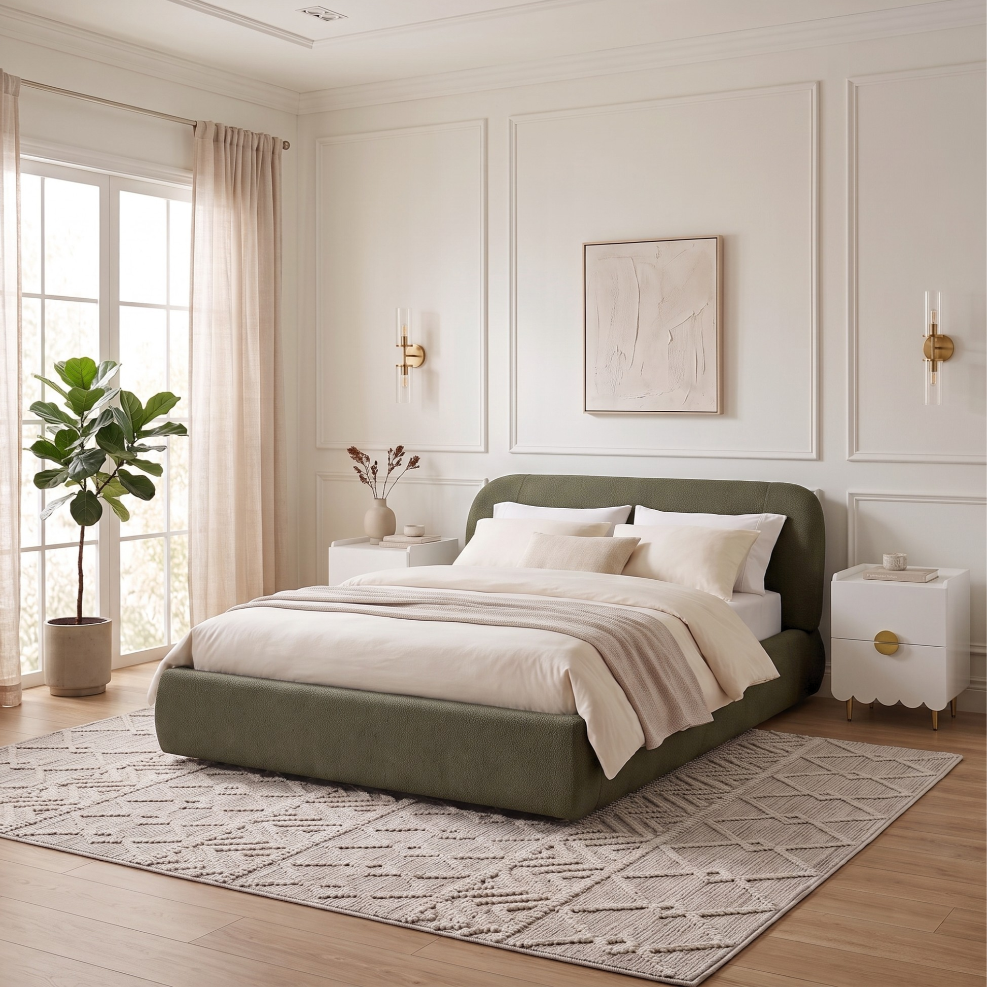Upholstered bed styled in a modern bedroom with decor and natural light