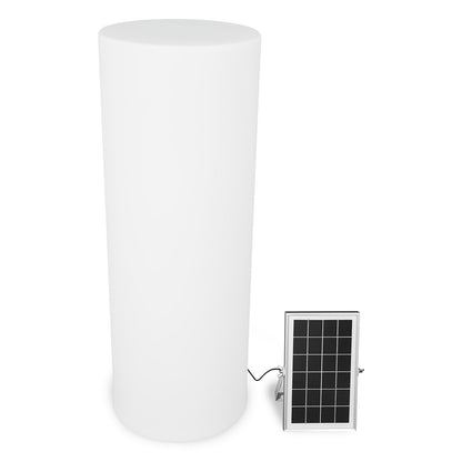 3D rendering featuring the 70cm Outdoor Solar LED Bollard Light, a plain white cylindrical column with a nearby framed solar panel on a kickstand, connected by a short cable.