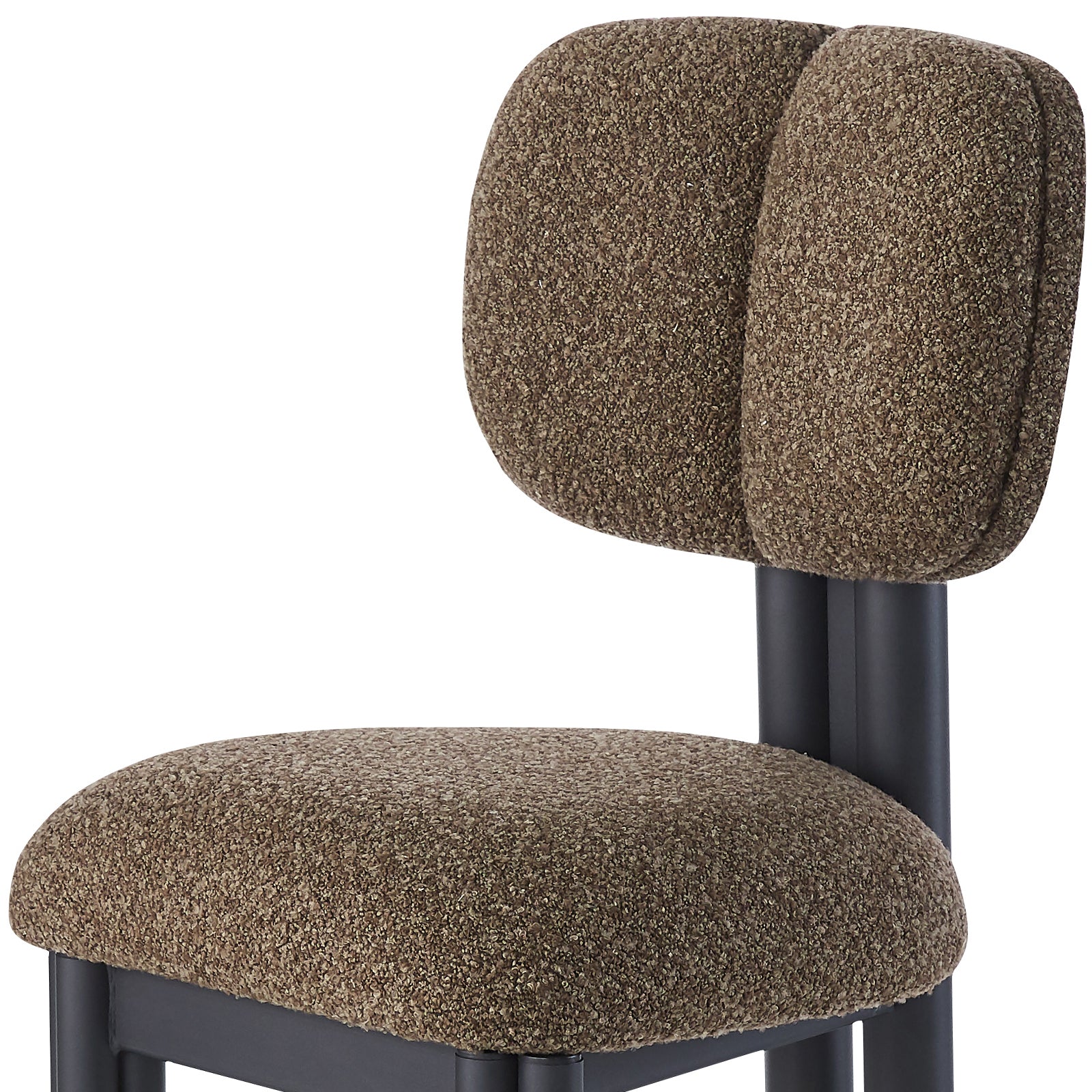 Norii Boucle Fabric Dining Chair in Rust Brown, featuring a thickly padded boucle-style upholstery and matte black metal frame, offers modern elegance and comfort, perfect for dining spaces.