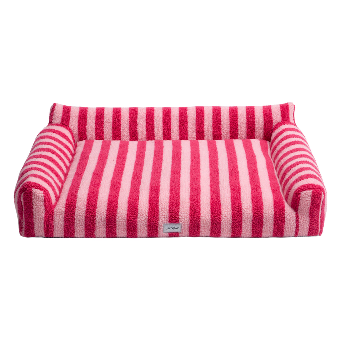 Rectangular striped pet bed with pink and light pink stripes on a white background