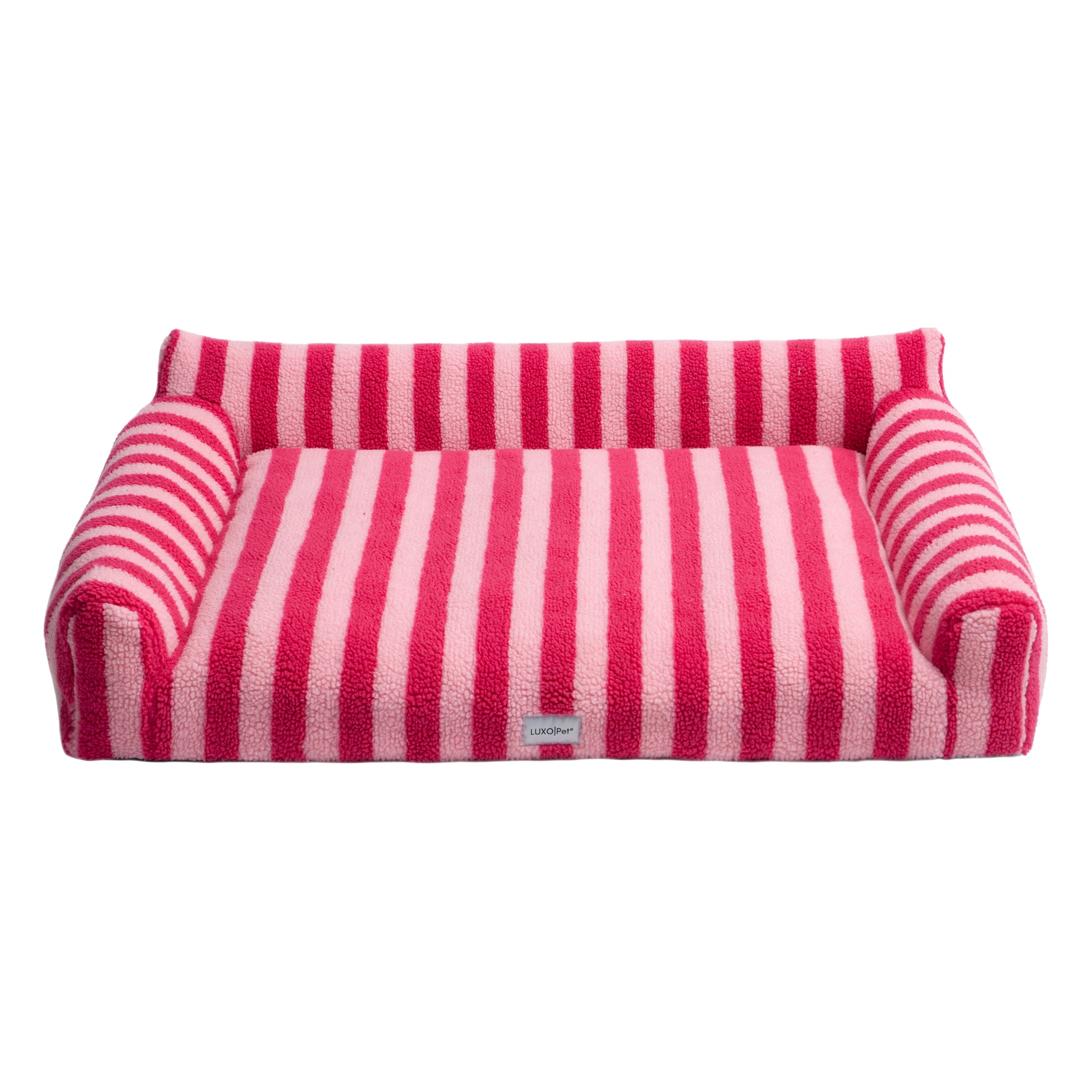 Rectangular striped pet bed with pink and light pink stripes on a white background