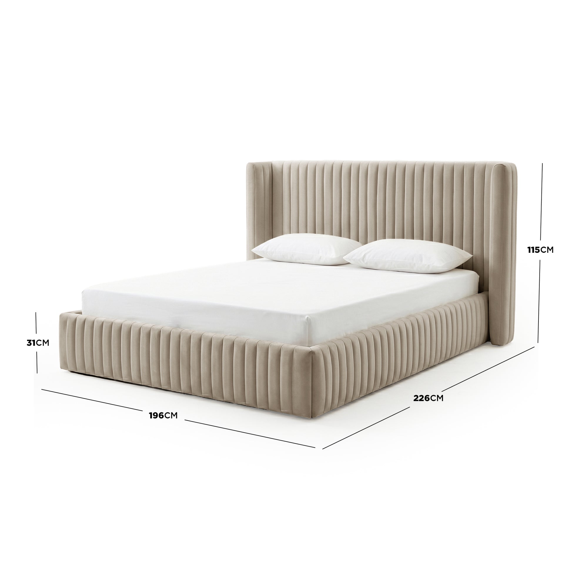 Upholstered bed on white background with overlaid dimensions