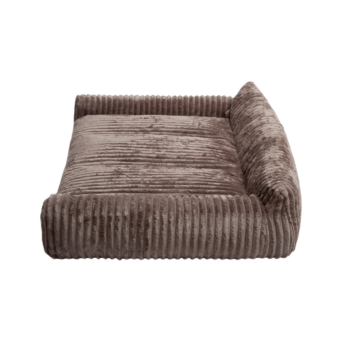 Brown corduroy pet bed with raised bolsters and lowered front entry on white background