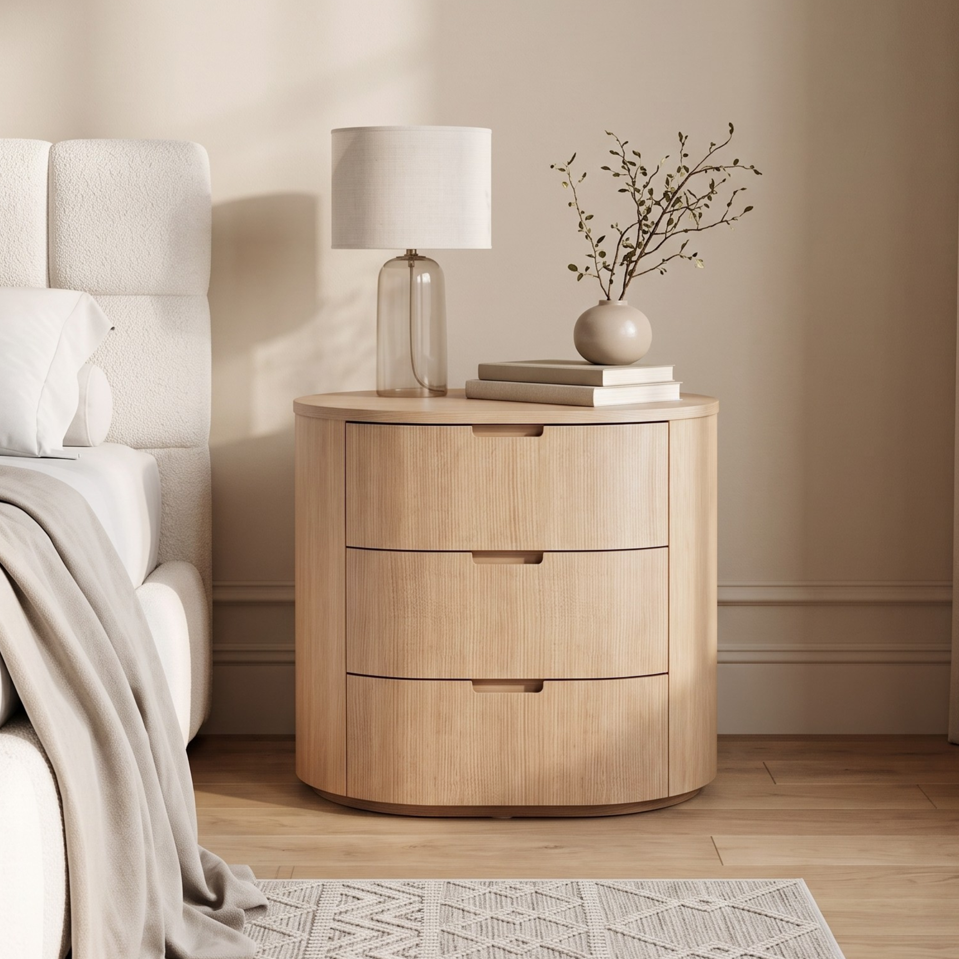 Light wood three-drawer nightstand styled in a bedroom next to a bed