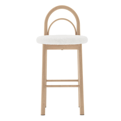Modern bar stool with light wood frame and white textured seat on a white background