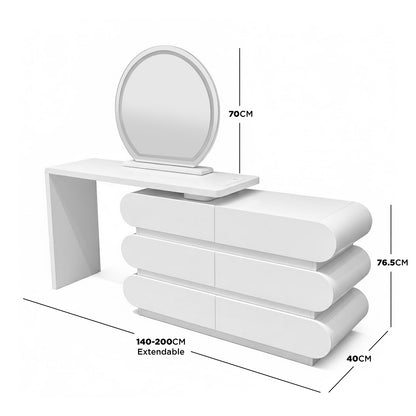 Alora LED Mirror Makeup Vanity Table with Storage in White features a large round LED mirror, extendable tabletop, and six pill-shaped drawers, offering a modern, minimalist design with practical functionality.