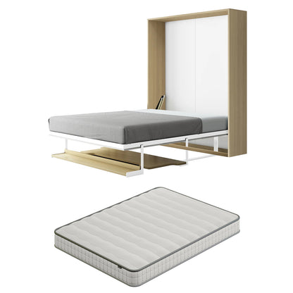Logan Queen Murphy Bed & Cybele Mattress displayed with a white metal frame, light wood cabinet, and gray mattress, showcasing its space-saving wall-mounted design and detached mattress view.