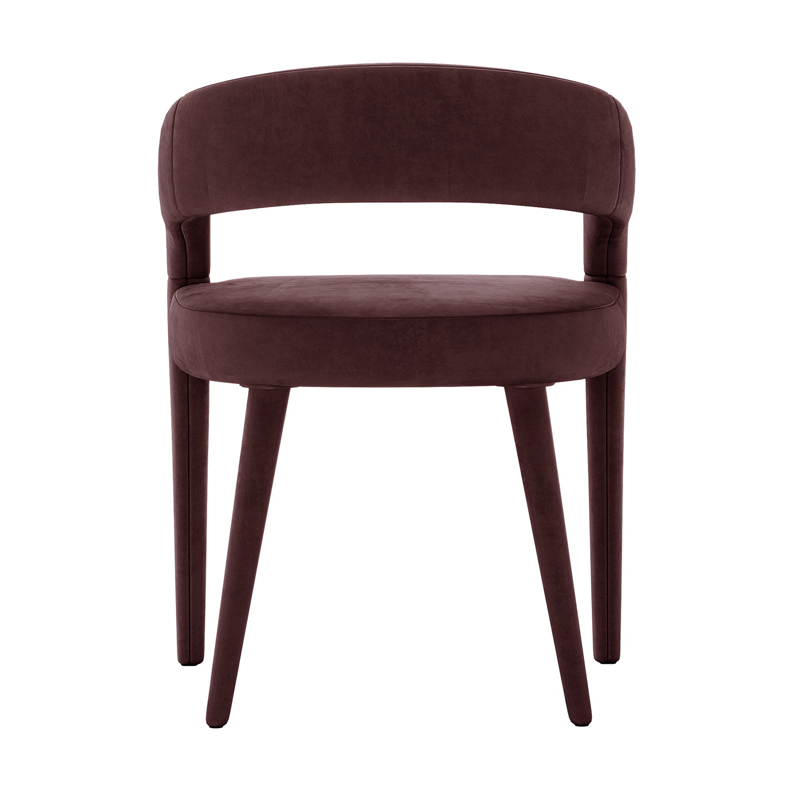 Eisha Velvet Dining Chair Set of 2: Modern accent chairs with dark brown upholstery, curved backrest forming low arms, round cushioned seat, and tapered legs—all upholstered in velvet for a luxurious dining experience.