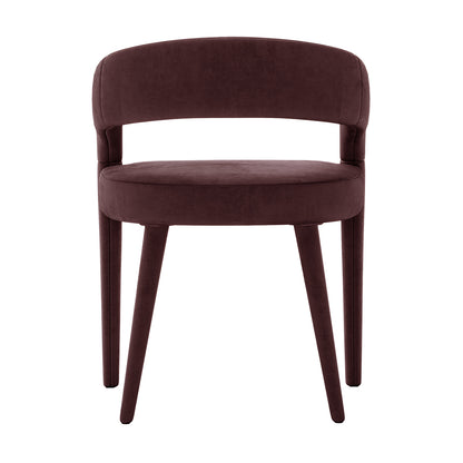 Eisha Velvet Dining Chair Set of 2: Modern accent chairs with dark brown upholstery, curved backrest forming low arms, round cushioned seat, and tapered legs—all upholstered in velvet for a luxurious dining experience.