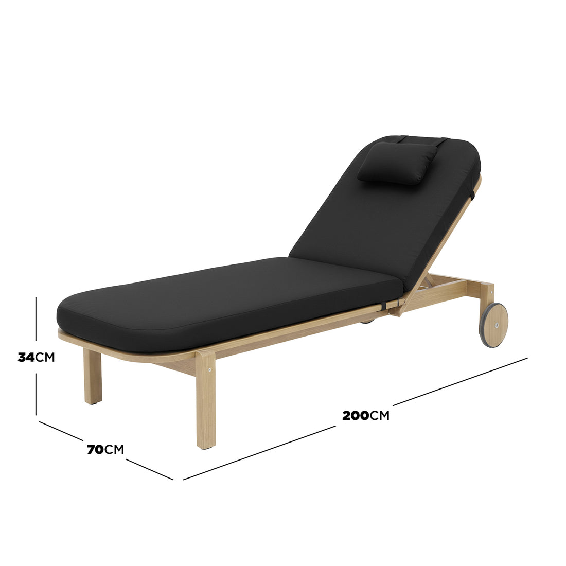 Zyra Hardwood Reclining Sun Lounger with Cushion in Black, featuring an adjustable backrest, light wood frame, plush black cushion, and rear wheels for easy repositioning, perfect for outdoor relaxation.