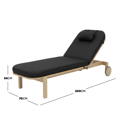 Zyra Hardwood Reclining Sun Lounger with Cushion in Black, featuring an adjustable backrest, light wood frame, plush black cushion, and rear wheels for easy repositioning, perfect for outdoor relaxation.