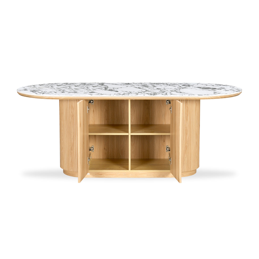 Oval marble-top table with light wood base and all cabinet doors open on a white background