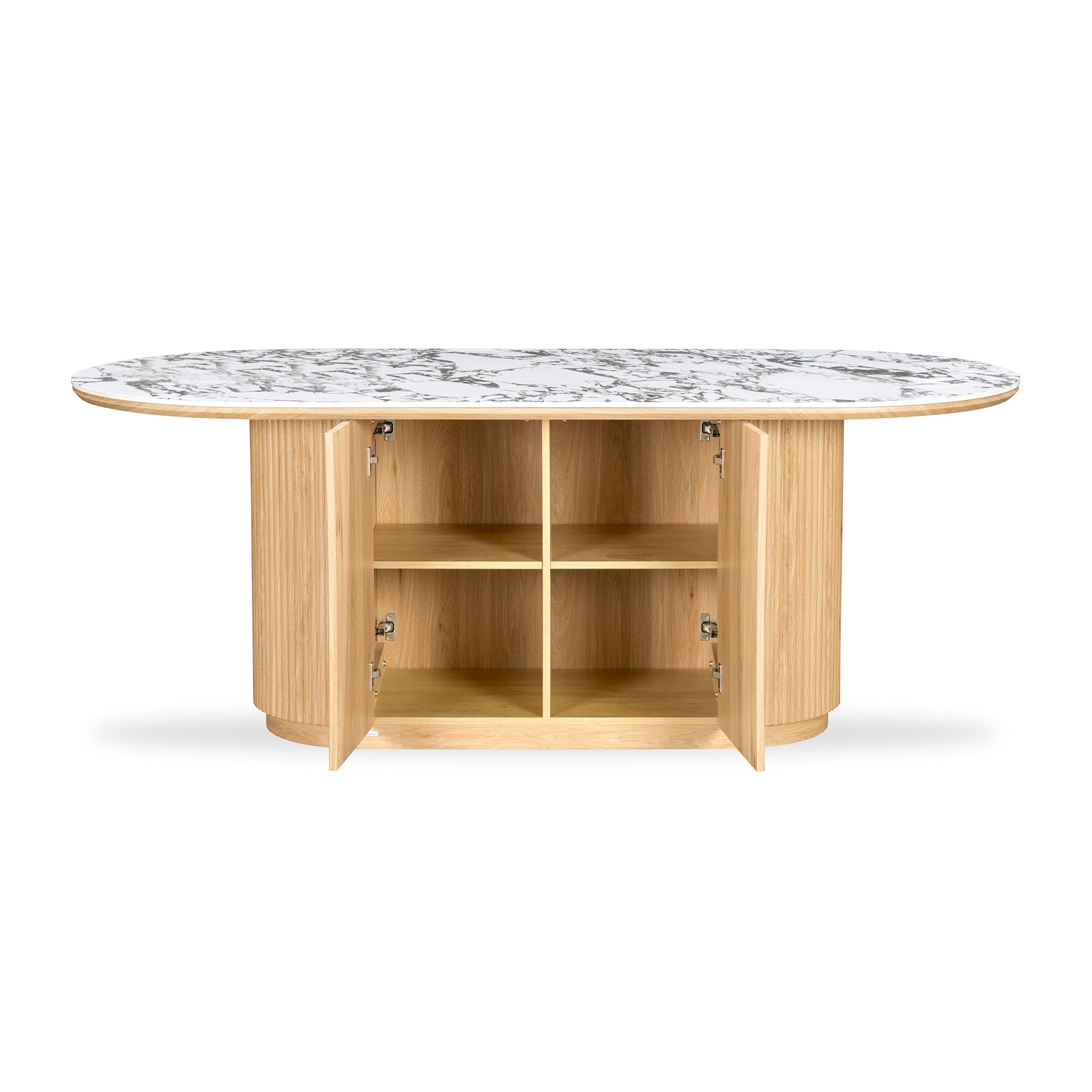 Oval marble-top table with light wood base and all cabinet doors open on a white background