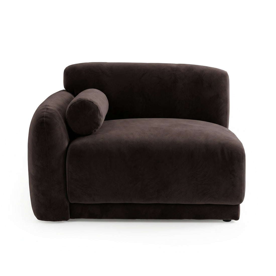 Dark brown upholstered lounge chair with bolster pillow on white background