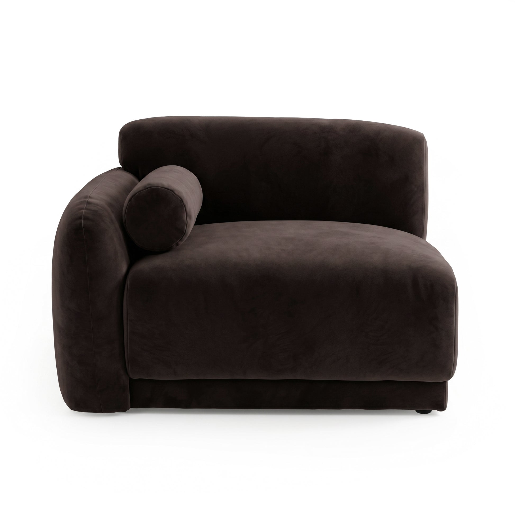 Dark brown upholstered lounge chair with bolster pillow on white background