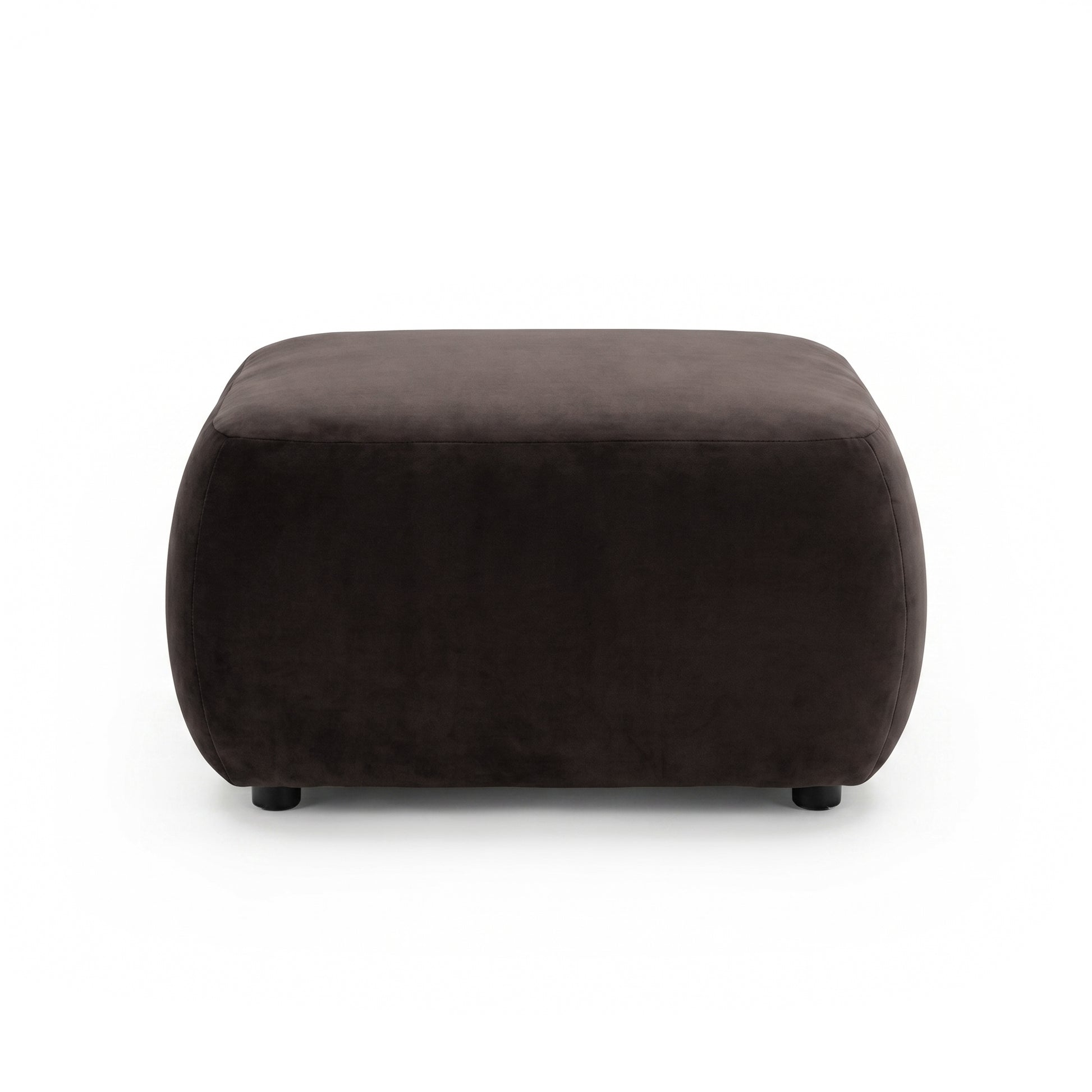 Square dark brown velvet ottoman on white background