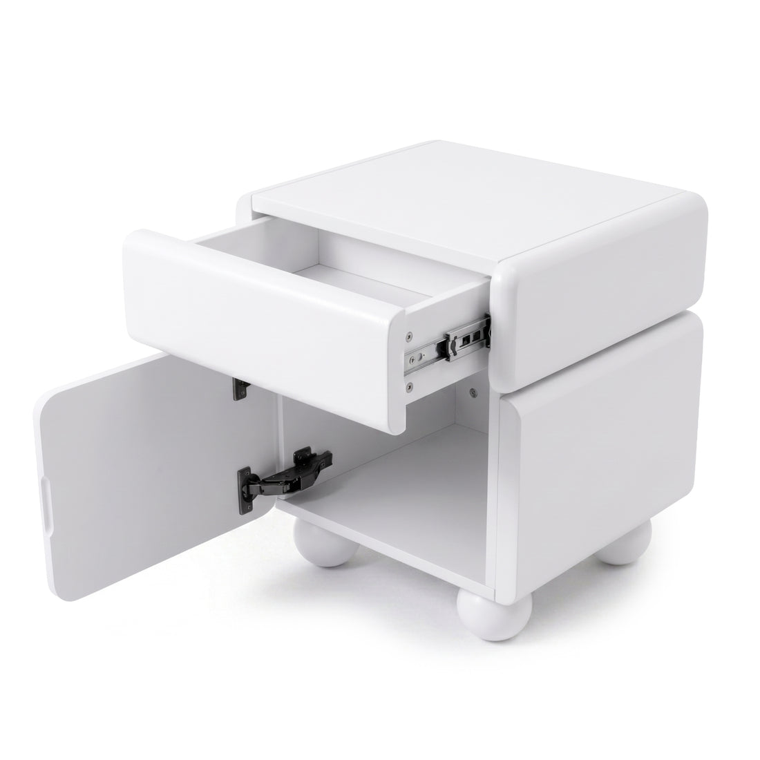 White nightstand with rounded corners, partially open drawer and cabinet door on white background