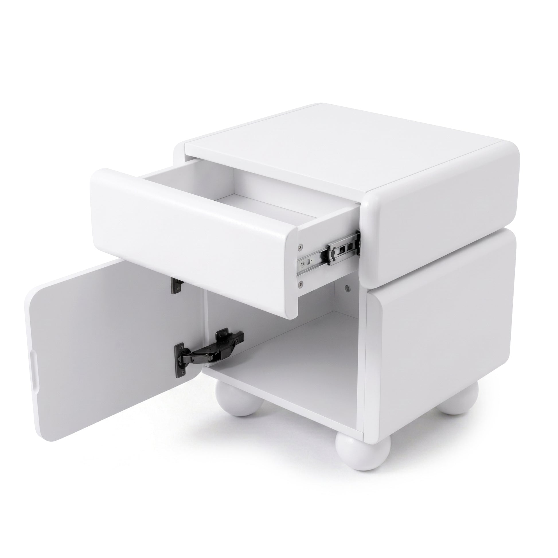 White nightstand with rounded corners, partially open drawer and cabinet door on white background