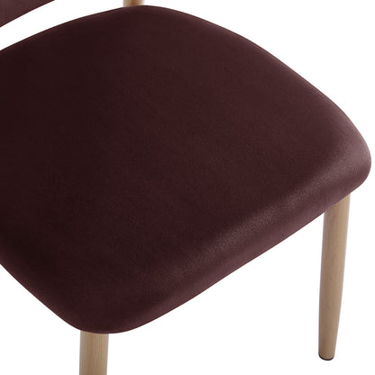 Close-up of Audrey Fabric Dining Chair Set of 2 in Dark Plum, showcasing the padded seat upholstered in deep wine fabric with visible light-wood look legs extending downward.