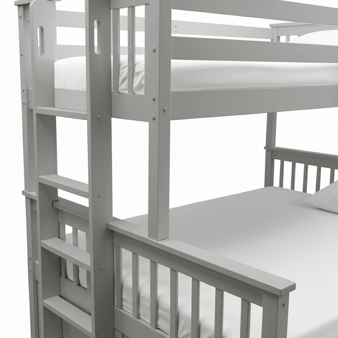 Partial view of grey bunk bed corner showing ladder and slatted guardrails on white background