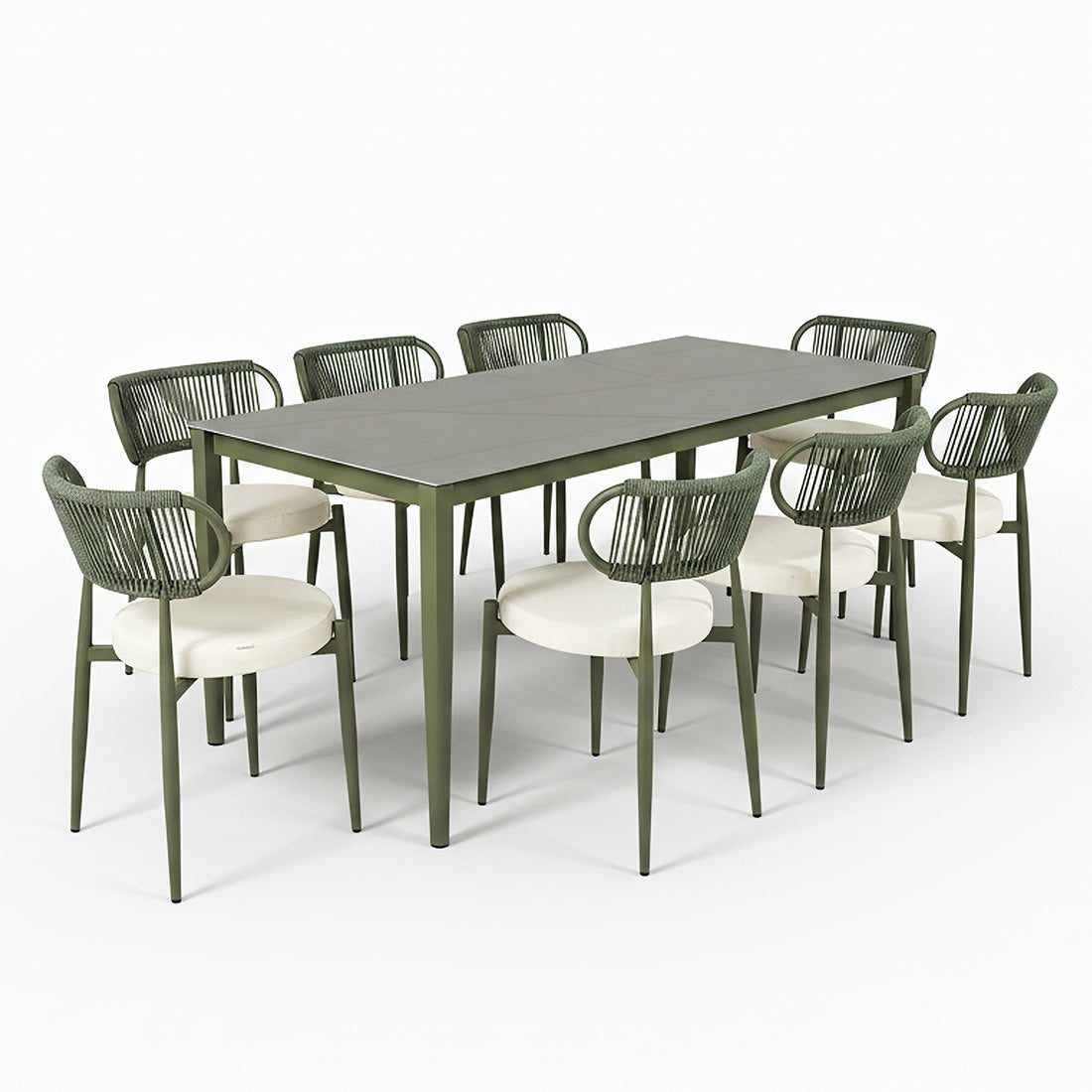 Cabria 9 Piece Sintered Stone Outdoor Dining Set in Green features a long rectangular table with slim metal legs and eight matching chairs with slender frames, woven backrests, and light cushion seats.