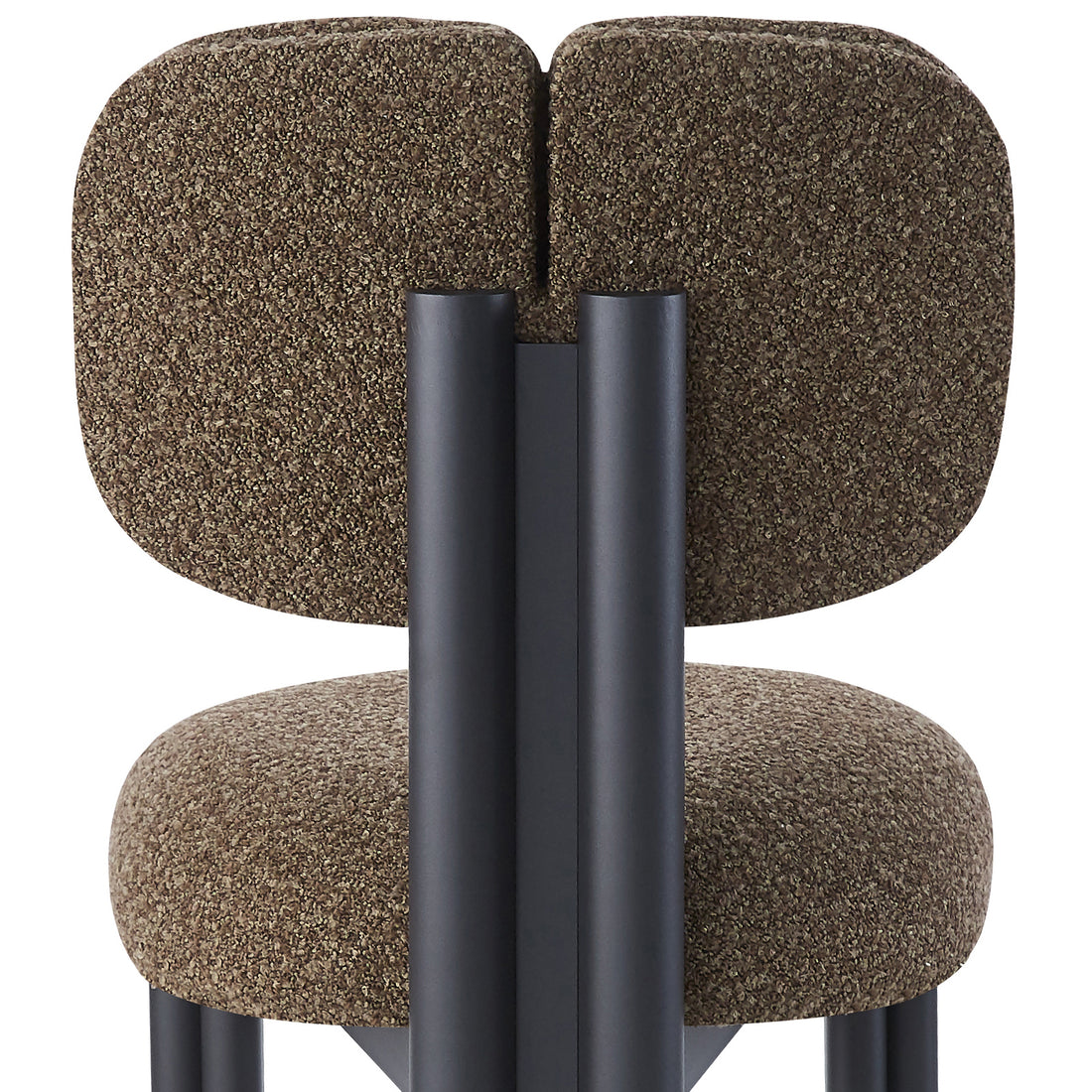 Norii Boucle Fabric Dining Chair in Rust Brown features a sleek matte-black metal frame with plush brown bouclé seat and split back pads, offering modern style and comfort.