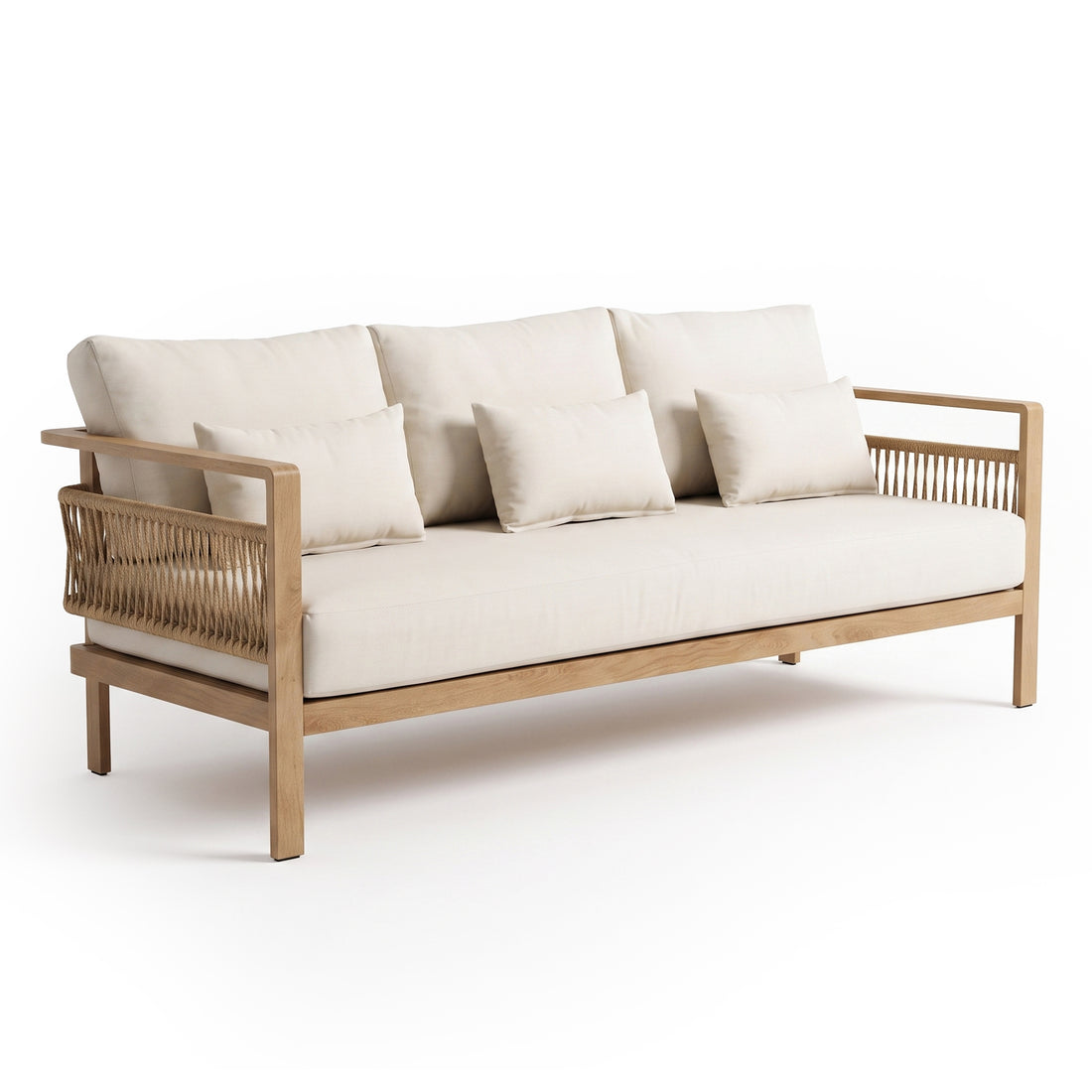 Modern three-seater sofa with rope detailing and cushions on a white background