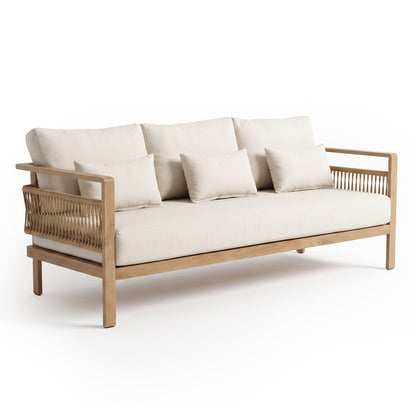 Modern three-seater sofa with rope detailing and cushions on a white background