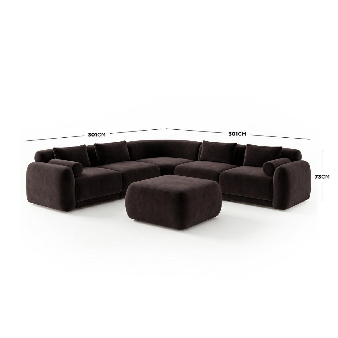 Dark fabric L-shaped sectional sofa with ottoman and dimension labels on white background