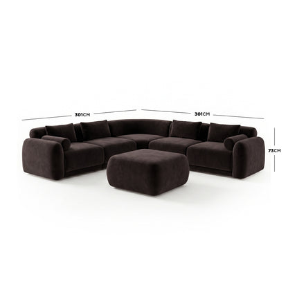 Dark fabric L-shaped sectional sofa with ottoman and dimension labels on white background