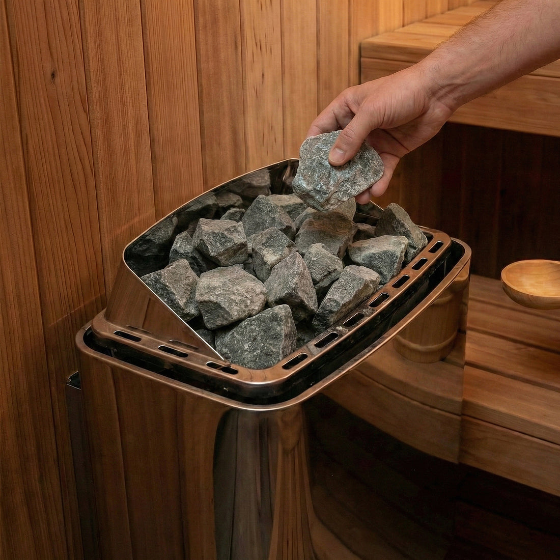 Hand placing a grey stone onto a sauna heater inside a wood-paneled room