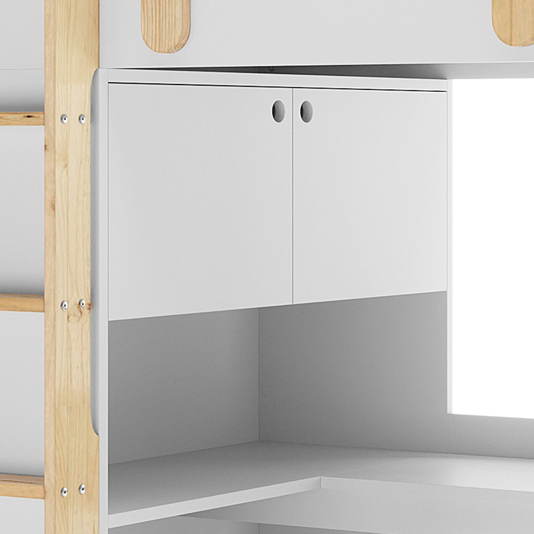 Hann Kids Single Loft Bed Desk Storage in White and Natural features a light wood ladder, overhead cabinet with white doors, and an open shelf/desk area, ideal for maximizing space and organization.