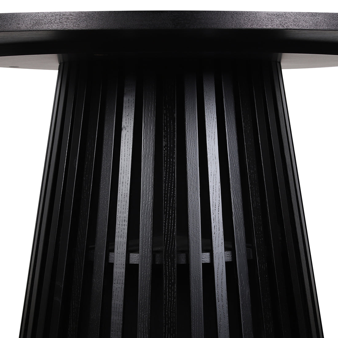 Close-up of the Riri 120cm Round Fluted Wood Dining Table in Black, showcasing its round tabletop and sculptural fluted cone base with vertical slats, highlighting its modern, space-saving design.