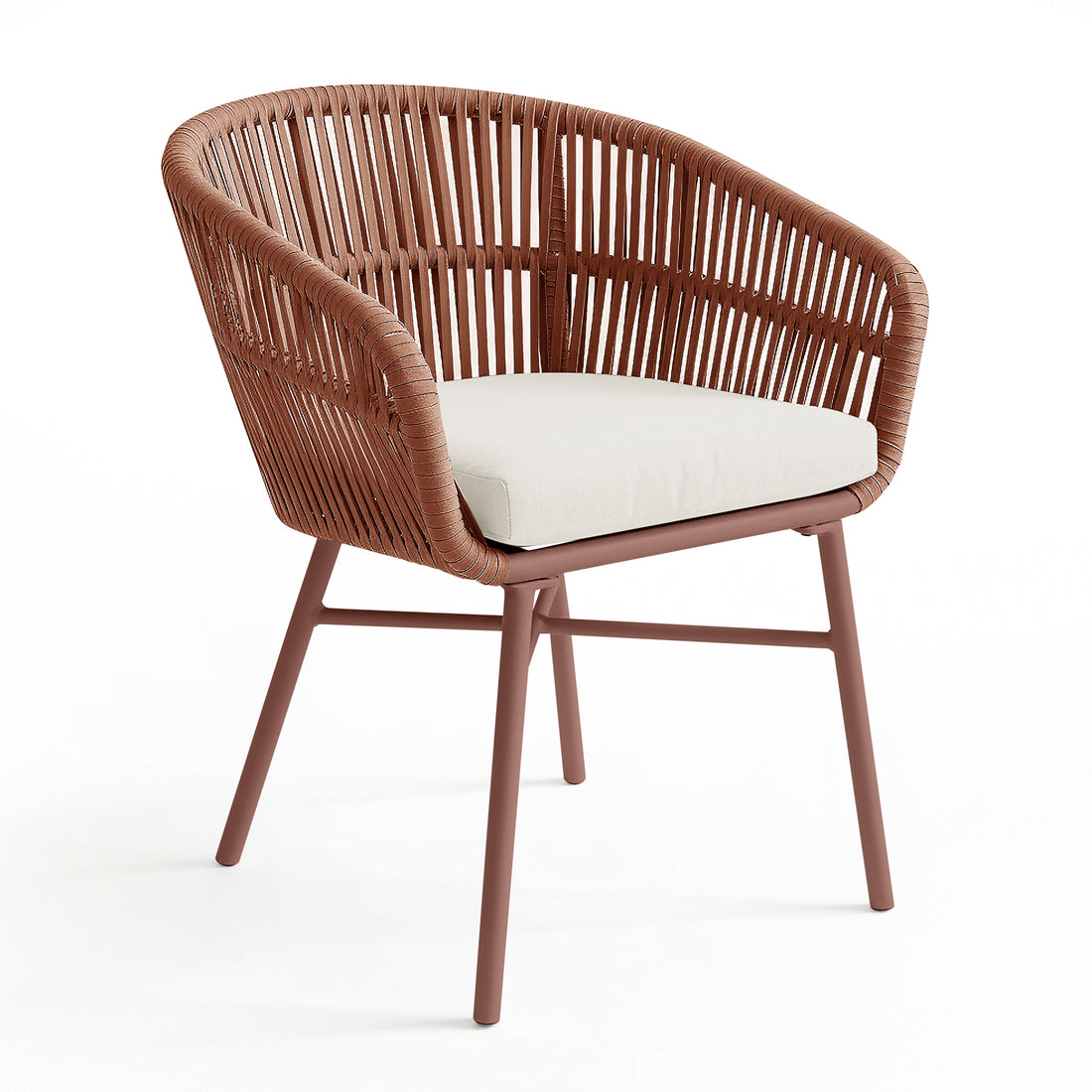 Marula Rope Outdoor Dining Chairs in Terracotta Set of 4 features brown woven cord sides, off-white seat cushions, and slender metal legs, embodying stylish outdoor comfort for relaxed alfresco gatherings.