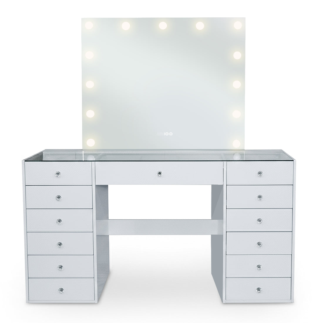 White vanity makeup table and lit mirror on white background