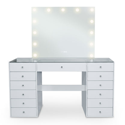 White vanity makeup table and lit mirror on white background