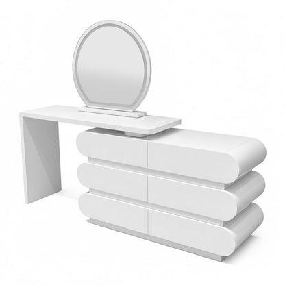 Alora LED Mirror Makeup Vanity Table with Storage in White, featuring a six-drawer chest, cantilevered tabletop, and round LED mirror, designed for modern elegance and functional organization.