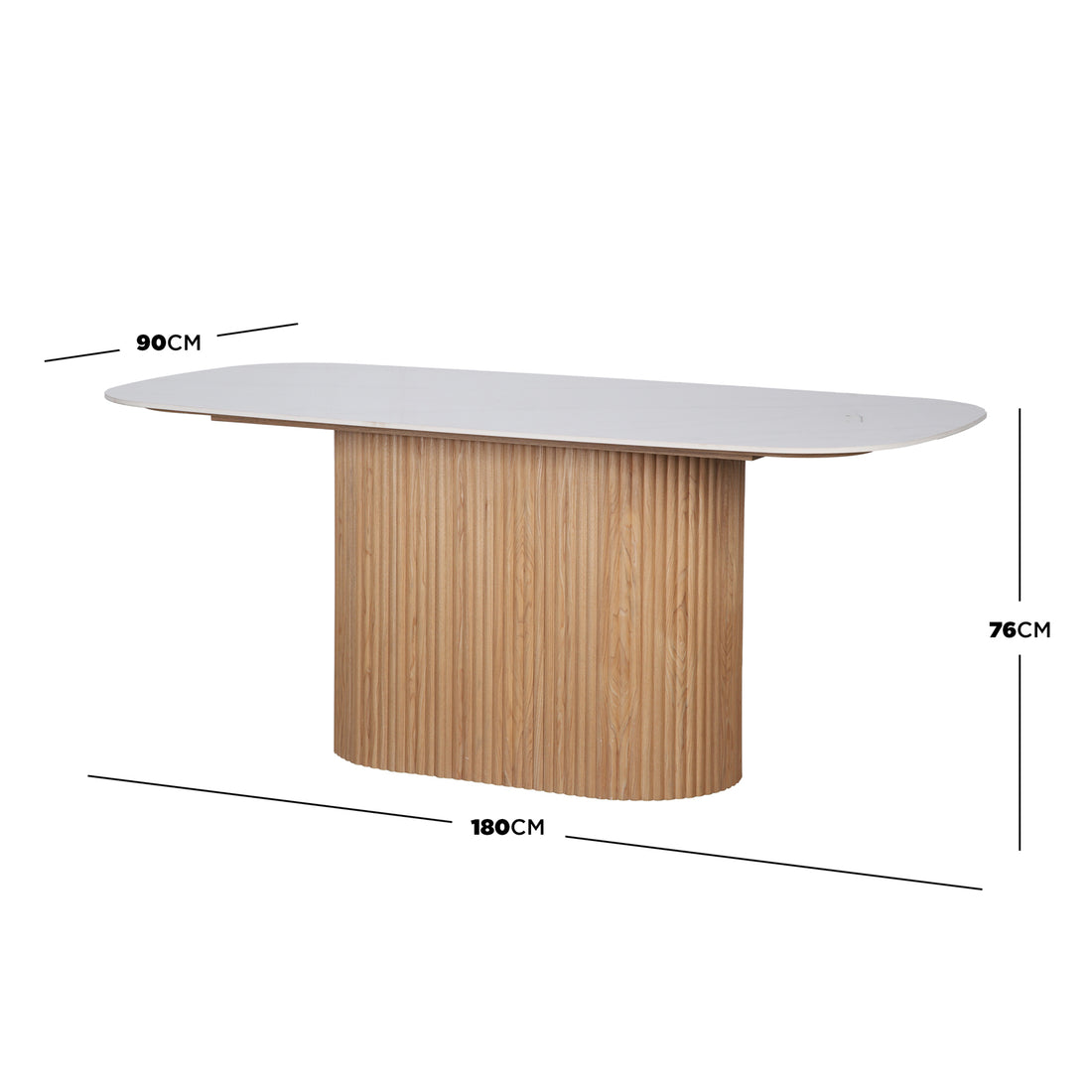 Aeris 180cm Marble Look Dining Table With Wood Base in Oak features a white, rounded-oval sintered stone tabletop on a fluted wooden pedestal, measuring 180cm long, 90cm wide, and 76cm high.